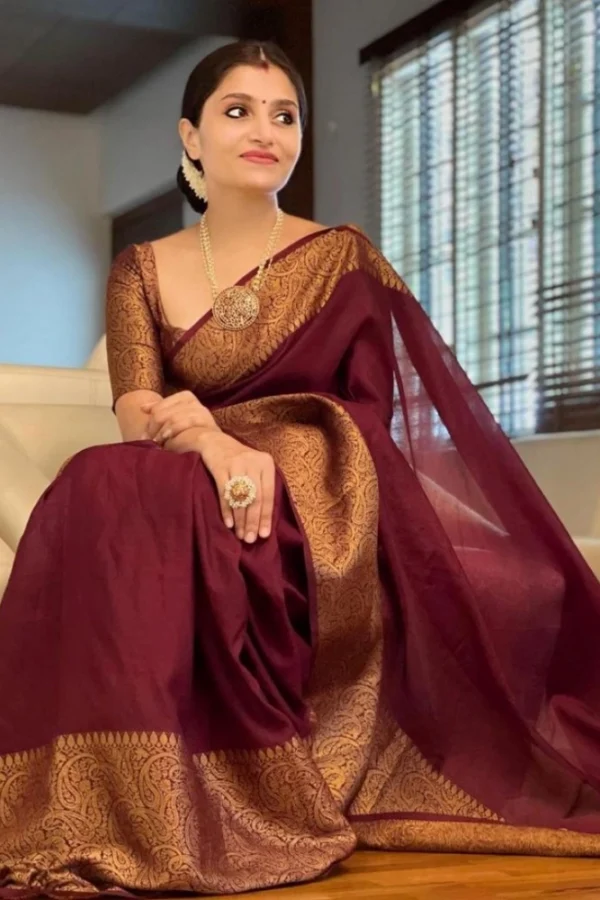 Women's Soft Lichi Silk Solid Saree With Unstitched Blouse 5.5Mtr (Maroon)