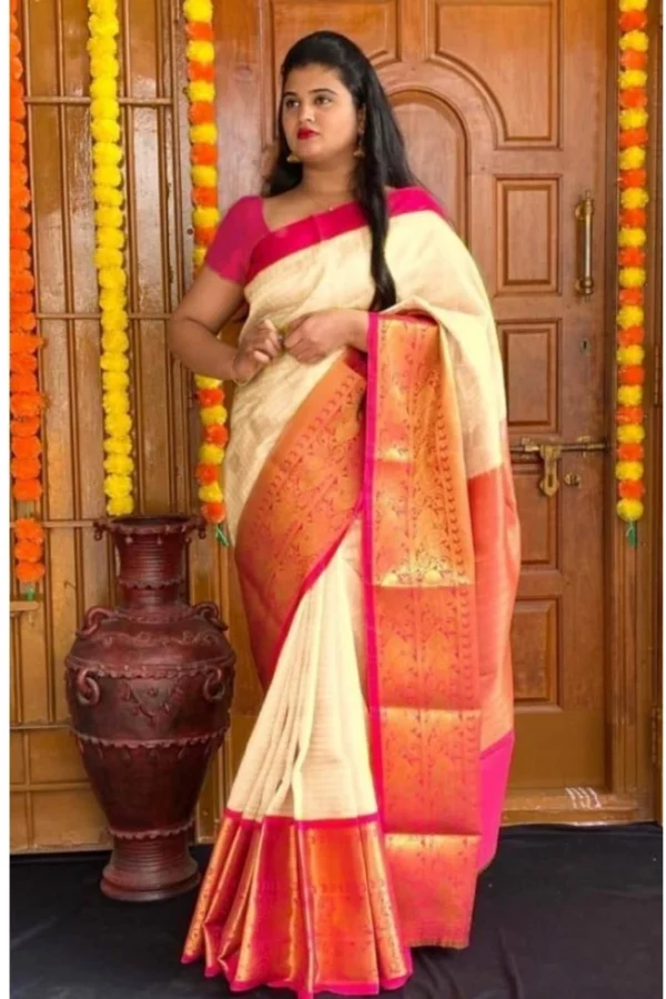 Women's Soft Lichi Silk Printed Saree With Unstitched Blouse 5.5Mtr (Cream)
