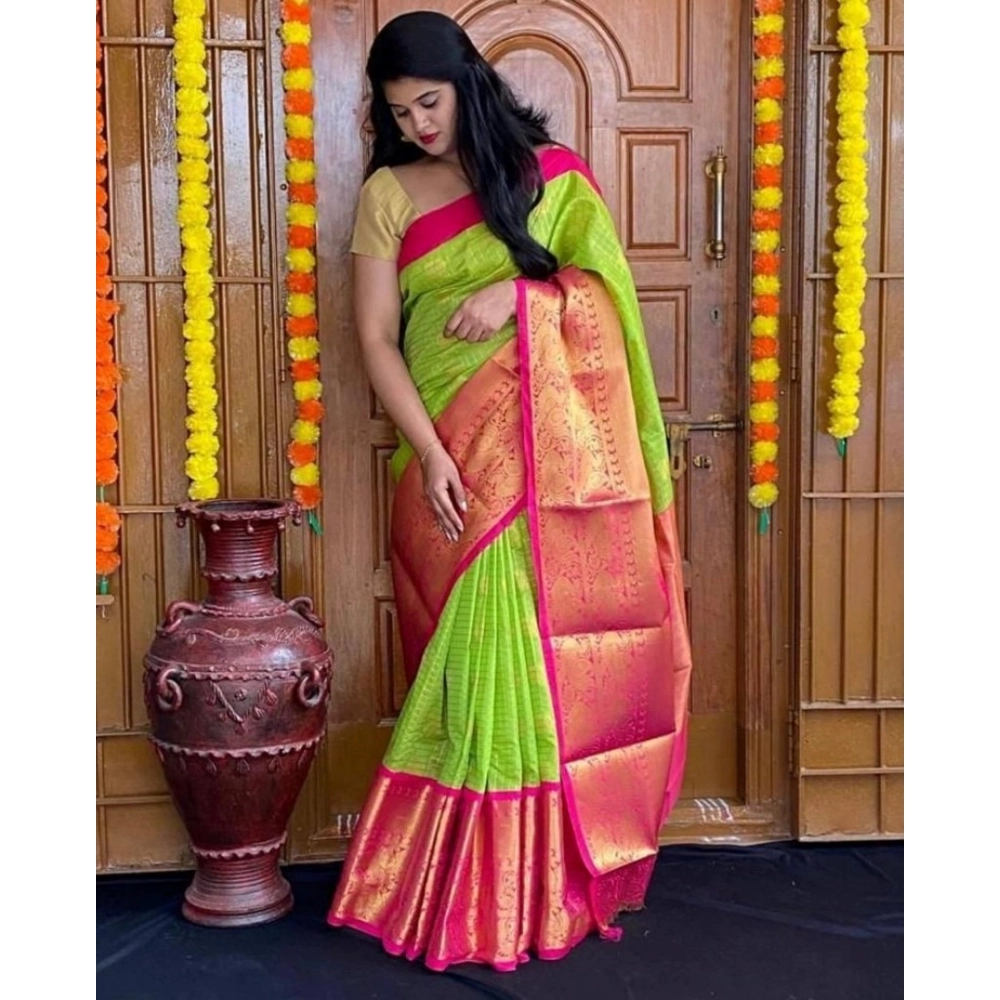 54472835438_39ceb6ab39_o_d-1000x1000-1.webp Women's Soft Lichi Silk Printed Saree With Unstitched Blouse 5.5Mtr (Green) - Image 1