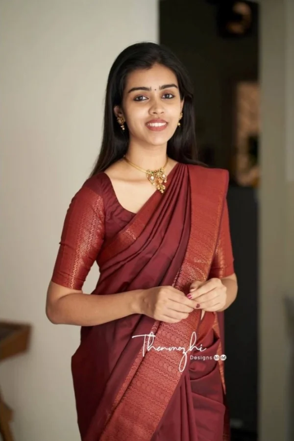 Women's Soft Lichi Silk Solid Saree With Unstitched Blouse 5.5Mtr (Maroon)