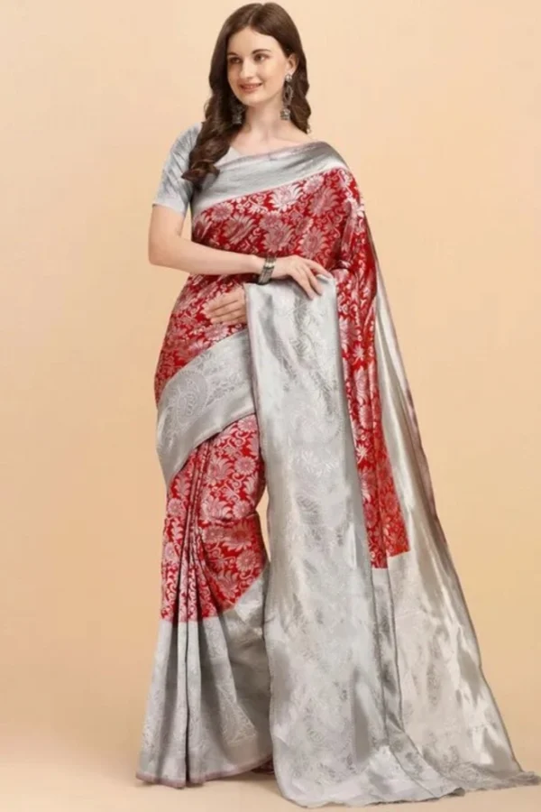 Women's Soft Lichi Silk Printed Saree With Unstitched Blouse 5.5Mtr (Red)
