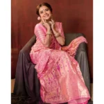 Women's Soft Lichi Silk Printed Saree With Unstitched Blouse 5.5Mtr (Pink) - Image 2