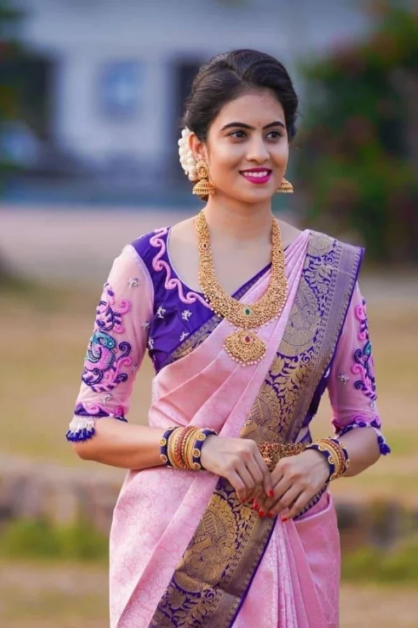 Women's Soft Lichi Silk Printed Saree With Unstitched Blouse 5.5Mtr (Purple)