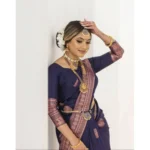 Women's Soft Lichi Silk Printed Saree With Unstitched Blouse 5.5Mtr (Navy Blue) - Image 4