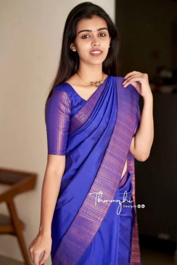 Women's Soft Lichi Silk Solid Saree With Unstitched Blouse 5.5Mtr (Blue)