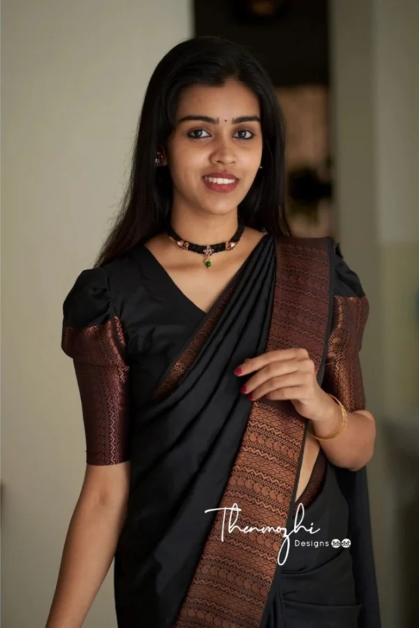 Women's Soft Lichi Silk Solid Saree With Unstitched Blouse 5.5Mtr (Black)