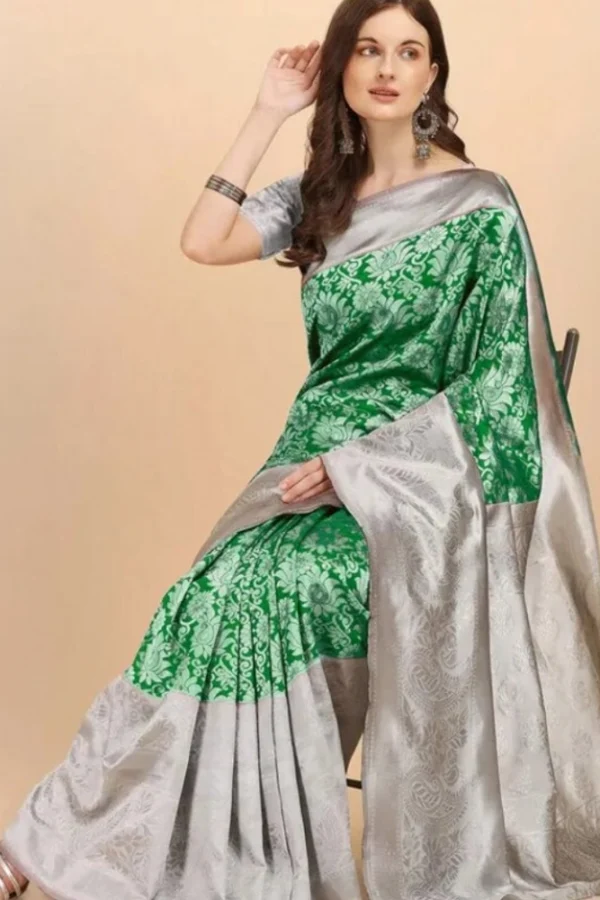 Women's Soft Lichi Silk Printed Saree With Unstitched Blouse 5.5Mtr (Green)