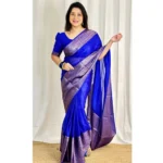 Women's Soft Lichi Silk Solid Saree With Unstitched Blouse 5.5Mtr (Blue) - Image 2