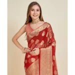 Women's Soft Organza Silk Weaving Design Saree With Unstitched Blouse 5.5Mtr (Red) - Image 3