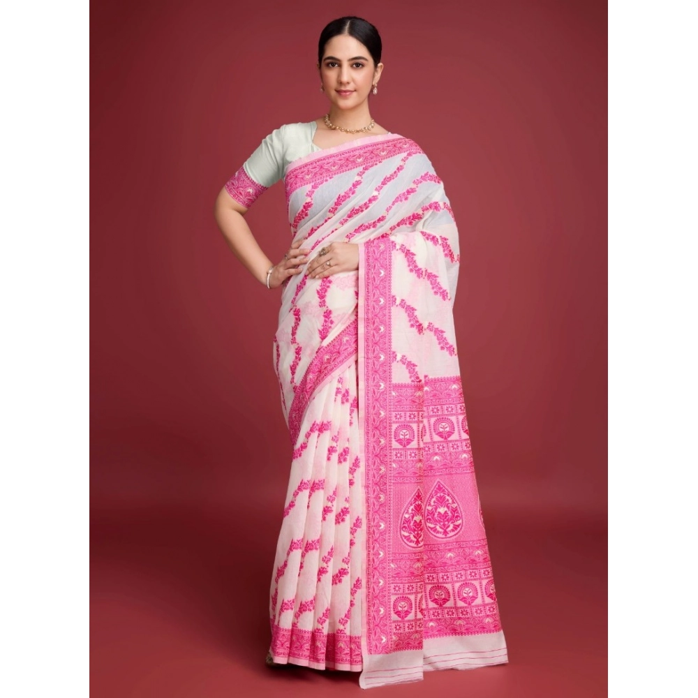 54521906937_1ea5318cf0_o_d-1000x1000-1.webp Women's Jamdani Cotton Silk Printed Saree With Unstitched Blouse 5.5Mtr (Pink) - Image 1