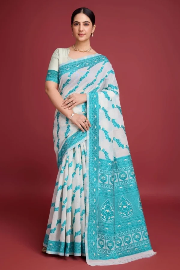 Women's Jamdani Cotton Silk Printed Saree With Unstitched Blouse 5.5Mtr (Rama)