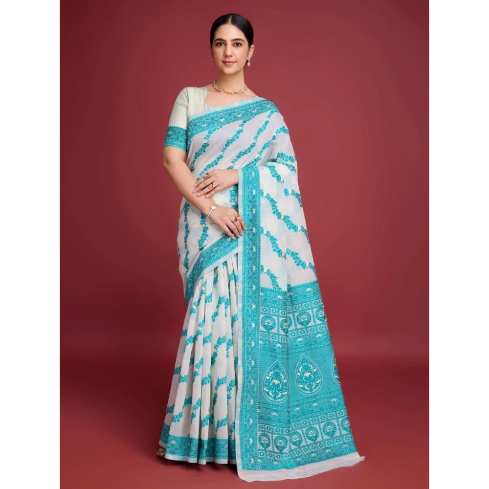 54522775886_447cf6400b_o_d-1000x1000-1.webp Women's Jamdani Cotton Silk Printed Saree With Unstitched Blouse 5.5Mtr (Rama) - Image 1