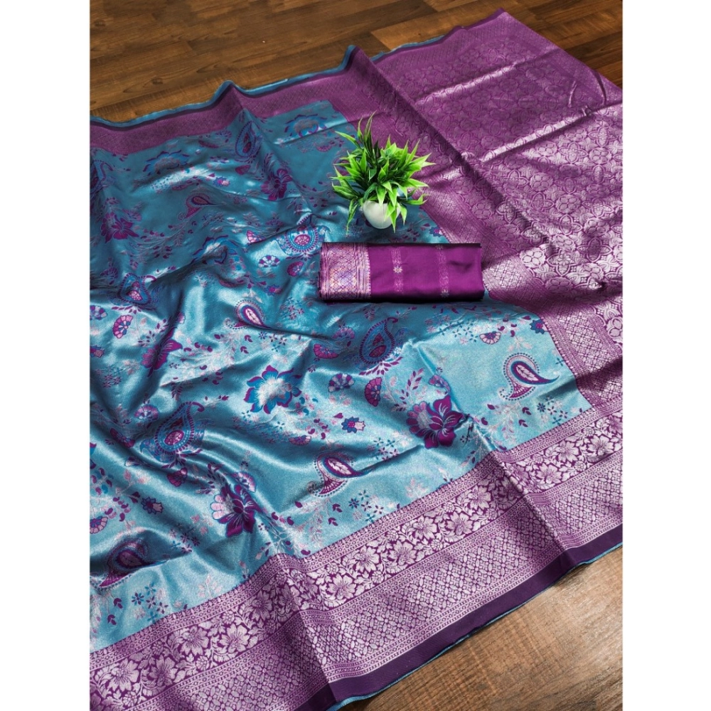 54523029453_df14533891_o_d-1000x1000-1.webp Women's Banarasi Jacquard Printed Saree With Unstitched Blouse 5.5Mtr (Blue) - Image 1
