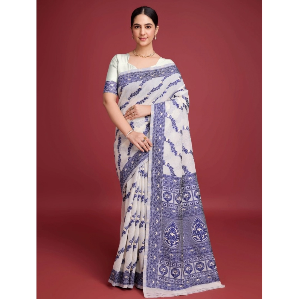 54523133520_bb7125116b_o_d-1000x1000-1.webp Women's Jamdani Cotton Silk Printed Saree With Unstitched Blouse 5.5Mtr (Navy Blue) - Image 1