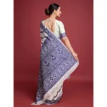 Women's Jamdani Cotton Silk Printed Saree With Unstitched Blouse 5.5Mtr (Navy Blue) - Image 4