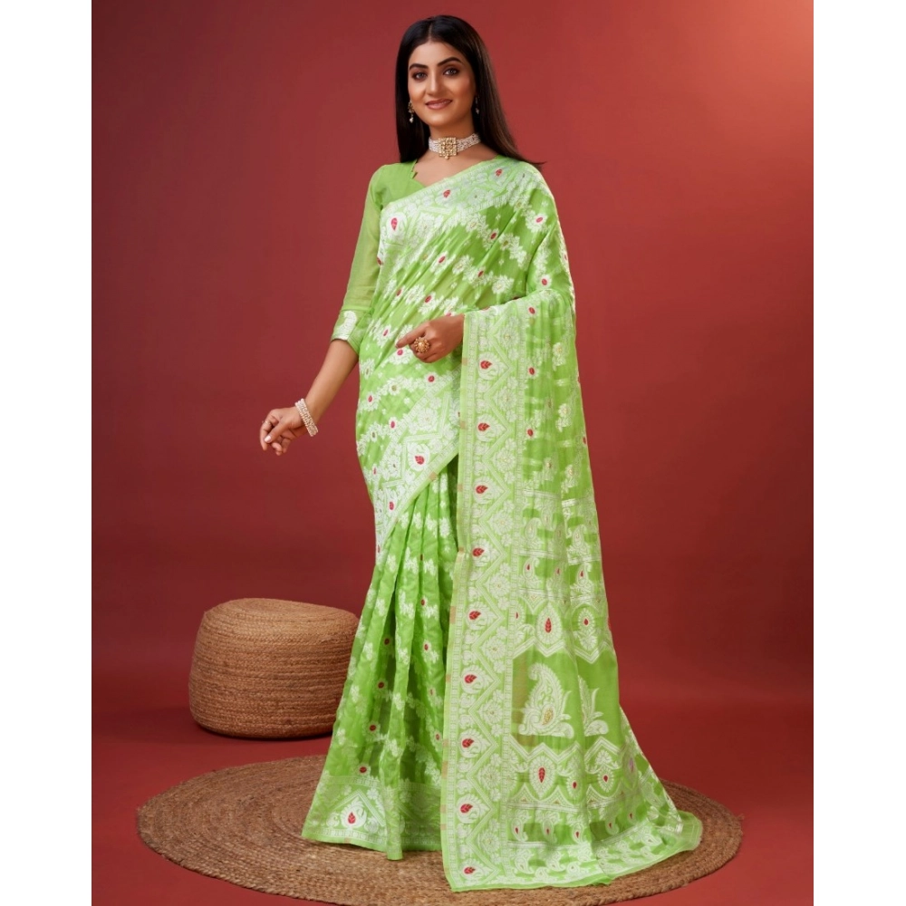 54523133815_8a39aaf777_o_d-1000x1000-1.webp Women's Cotton Silk Printed Saree With Unstitched Blouse 5.5Mtr (Light Green) - Image 1