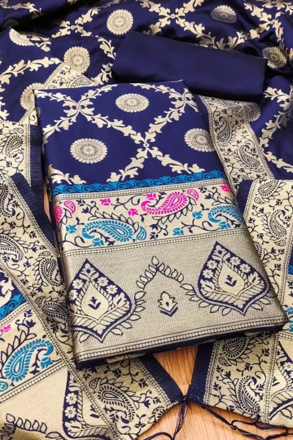 Women's Banarasi Silk Printed Unstitched Salwar Suit Material With Dupatta (Navy Blue, 3Mtrs)