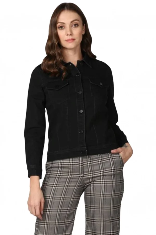 Women's Denim Solid Long Sleeve Jacket (Black)