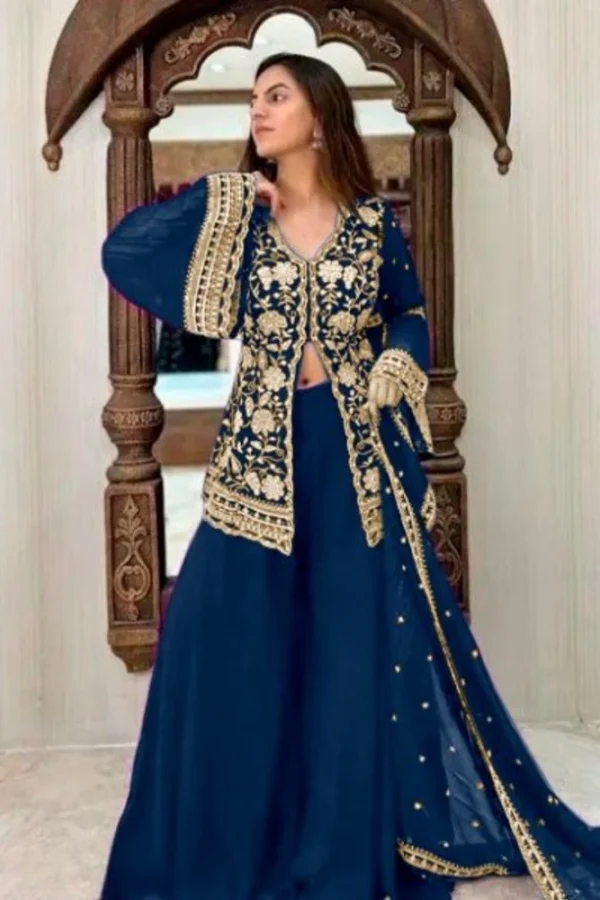 Women's Georgette Embroidery 3-4th Sleeve V-Neck Kurti, Palazzo And Dupatta Set (Morpich)
