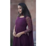 Women's Georgette Embroidery 3-4th Sleeve Round Neck Kurti with Dupatta Set (Wine) - Image 3