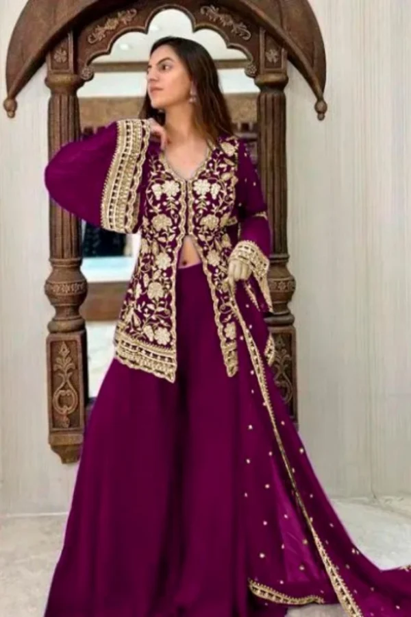 Women's Georgette Embroidery 3-4th Sleeve V-Neck Kurti, Palazzo And Dupatta Set (Wine)