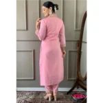 Women's Roman Silk Embroidery 3-4th Sleeve V-Neck Kurti With Pant Dupatta Set (Pink) - Image 3