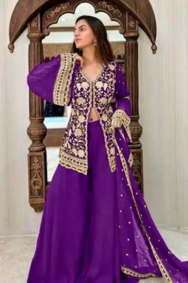 Women's Georgette Embroidery 3-4th Sleeve V-Neck Kurti, Palazzo And Dupatta Set (Purple)