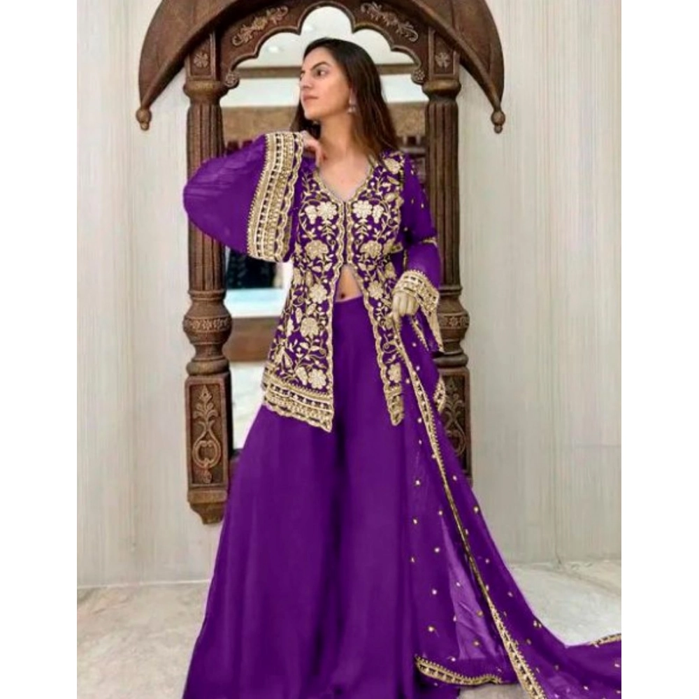 54592612708_172620cb01_o-1000x1000-1.webp Women's Georgette Embroidery 3-4th Sleeve V-Neck Kurti, Palazzo And Dupatta Set (Purple) - Image 1