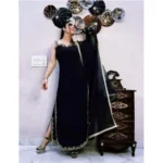 Women's Georgette Embroidery Sleeveless Round Neck Kurti, Palazzo And Dupatta Set (Black)