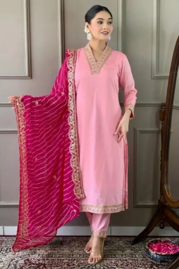Women's Roman Silk Embroidery 3-4th Sleeve V-Neck Kurti With Pant Dupatta Set (Pink)