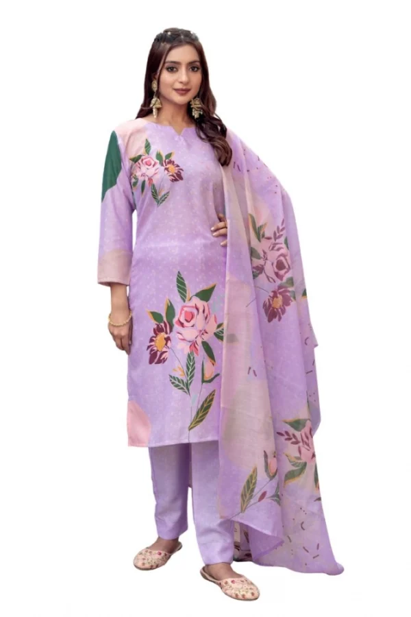 Women's Cotton Blend Printed Kurti With Pant Dupatta Set (Lavender)