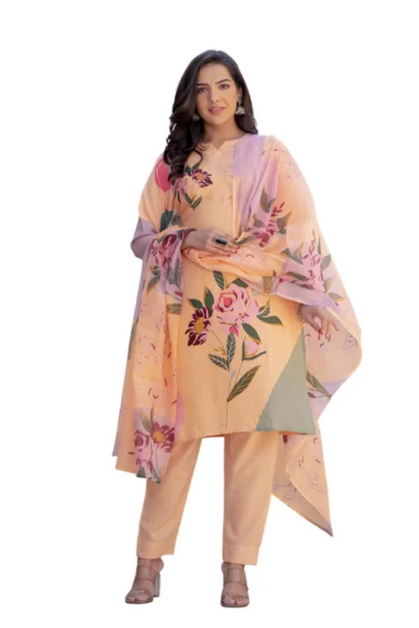 Women's Cotton Blend Printed Kurti With Pant Dupatta Set (Orange)