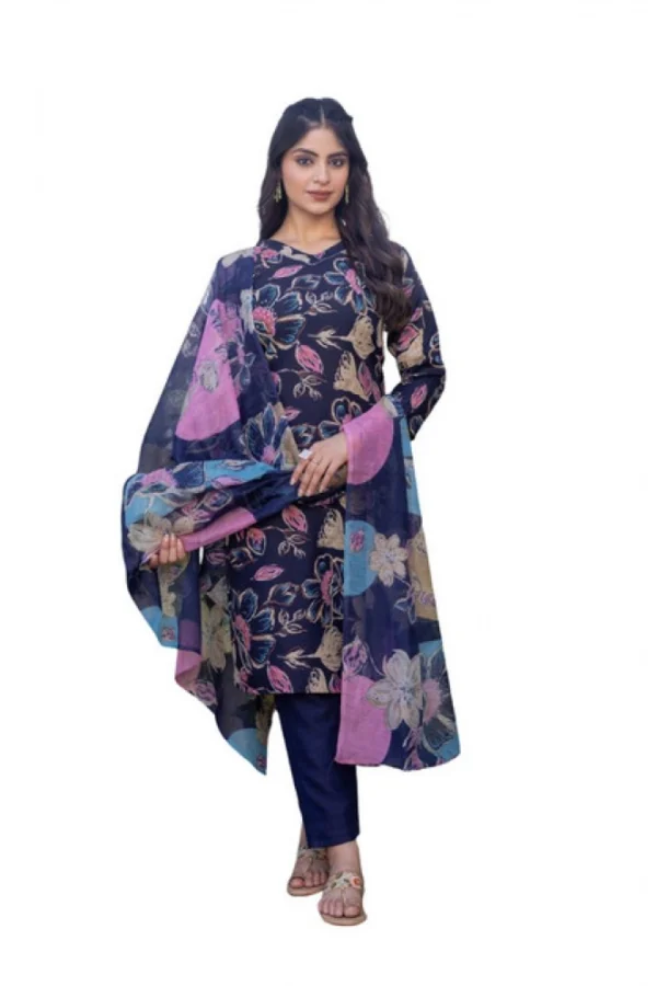 Women's Cotton Blend Printed Kurti With Pant Dupatta Set (NavyBlue)