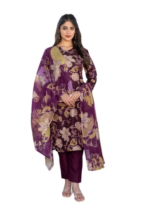 Women's Cotton Blend Printed Kurti With Pant Dupatta Set (Purple)