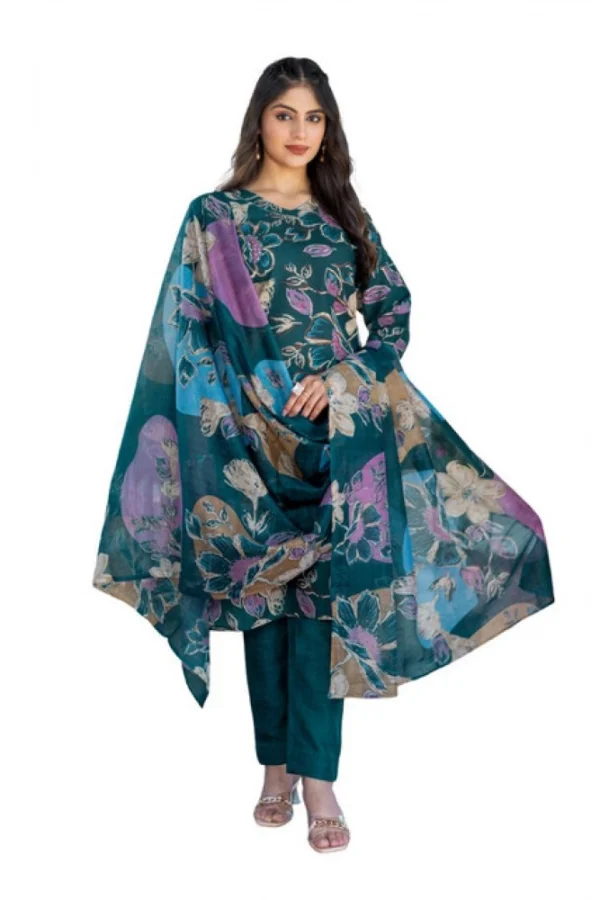 Women's Cotton Blend Printed Kurti With Pant Dupatta Set (Rama)