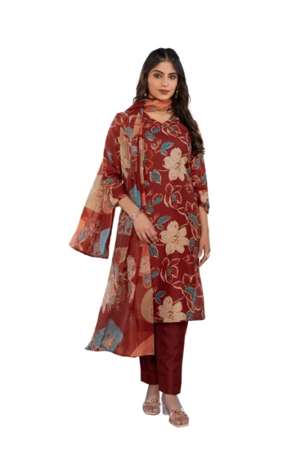 Women's Cotton Blend Printed Kurti With Pant Dupatta Set (Rust)