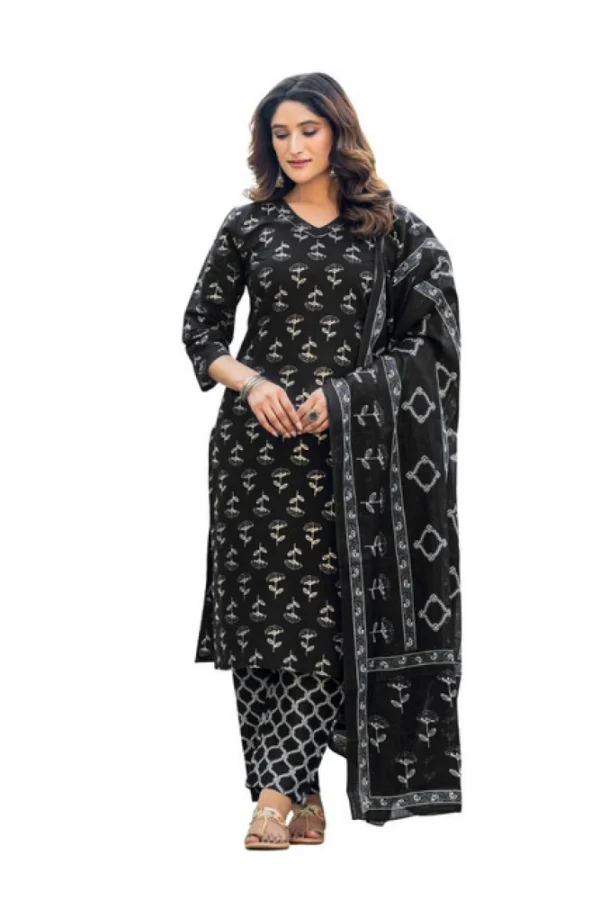 Women's Cotton Blend Printed Kurti With Pant Dupatta Set (Black)