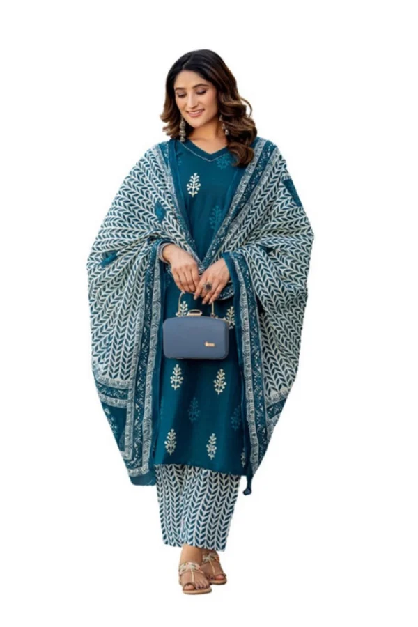 Women's Cotton Blend Printed Kurti With Pant Dupatta Set (Morpichh)