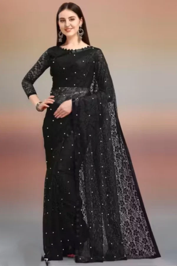 Women's Net Self Design Saree With Unstitched Blouse 5.5Mtr (Black)