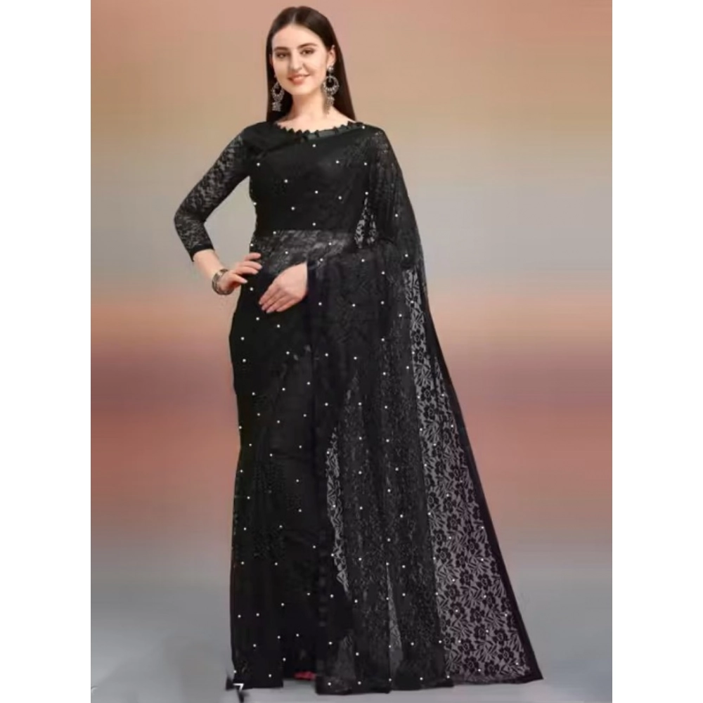 65611-1000x1000-1.webp Women's Net Self Design Saree With Unstitched Blouse 5.5Mtr (Black) - Image 1