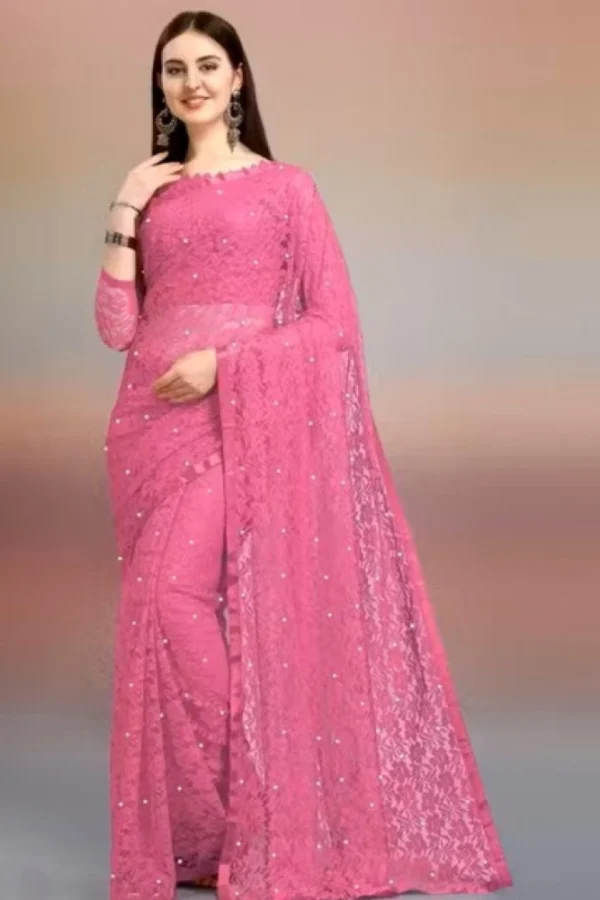Women's Net Self Design Saree With Unstitched Blouse 5.5Mtr (Dark Pink)