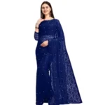 Women's Net Self Design Saree With Unstitched Blouse 5.5Mtr (Navy Blue) - Image 4
