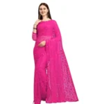 Women's Net Self Design Saree With Unstitched Blouse 5.5Mtr (Rani) - Image 4