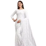 Women's Net Self Design Saree With Unstitched Blouse 5.5Mtr (White) - Image 4