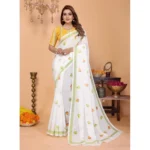 Women's Linen Cotton Printed Saree With Unstitched Blouse 5.5Mtr (White) - Image 2