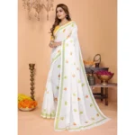 Women's Linen Cotton Printed Saree With Unstitched Blouse 5.5Mtr (White) - Image 5