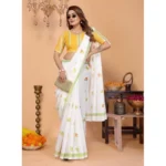 Women's Linen Cotton Printed Saree With Unstitched Blouse 5.5Mtr (White) - Image 3