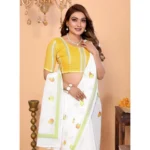 Women's Linen Cotton Printed Saree With Unstitched Blouse 5.5Mtr (White)