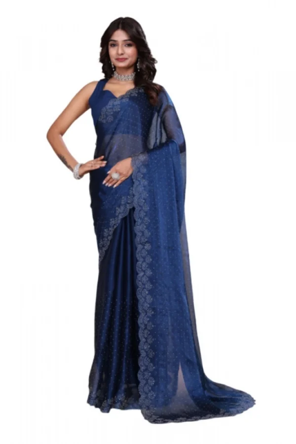 Women's Jimmy choo Embellished Bollywood Saree With Unstitched Blouse 5.5Mtr (Blue)