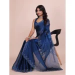 Women's Jimmy choo Embellished Bollywood Saree With Unstitched Blouse 5.5Mtr (Blue) - Image 2